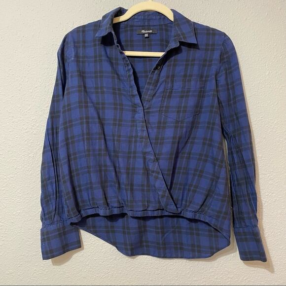 Madewell Blue & Black Plaid Twist Front Button Down Shirt Womens XXS Casual - Picture 1 of 9
